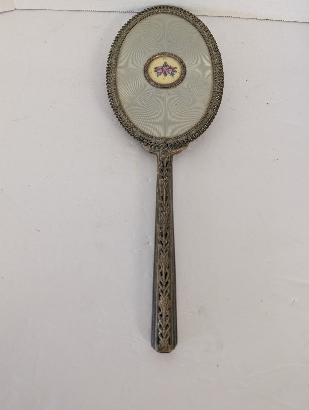 Vintage  Hand Mirror Rose Floral Motif Gold Finish